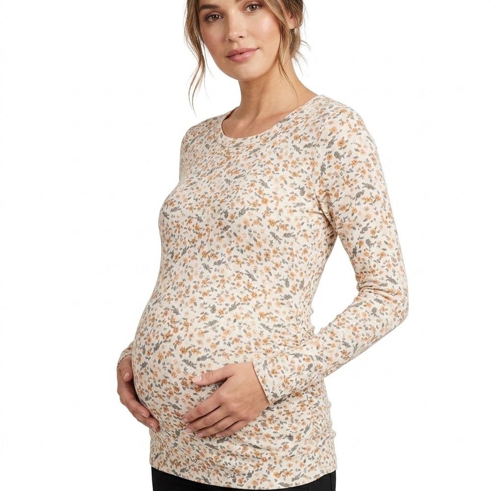 Maternity Vibes Top Orange Floral Ruched Ribbed Long Sleeve MAD1384-RIB - Small